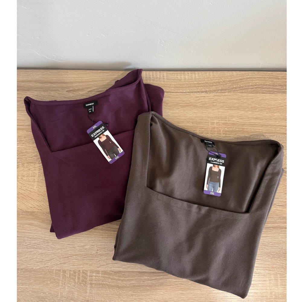 NWT Express Lot of 2 Square Neck Long Sleeve Tops Brown Burgundy Fall Basics